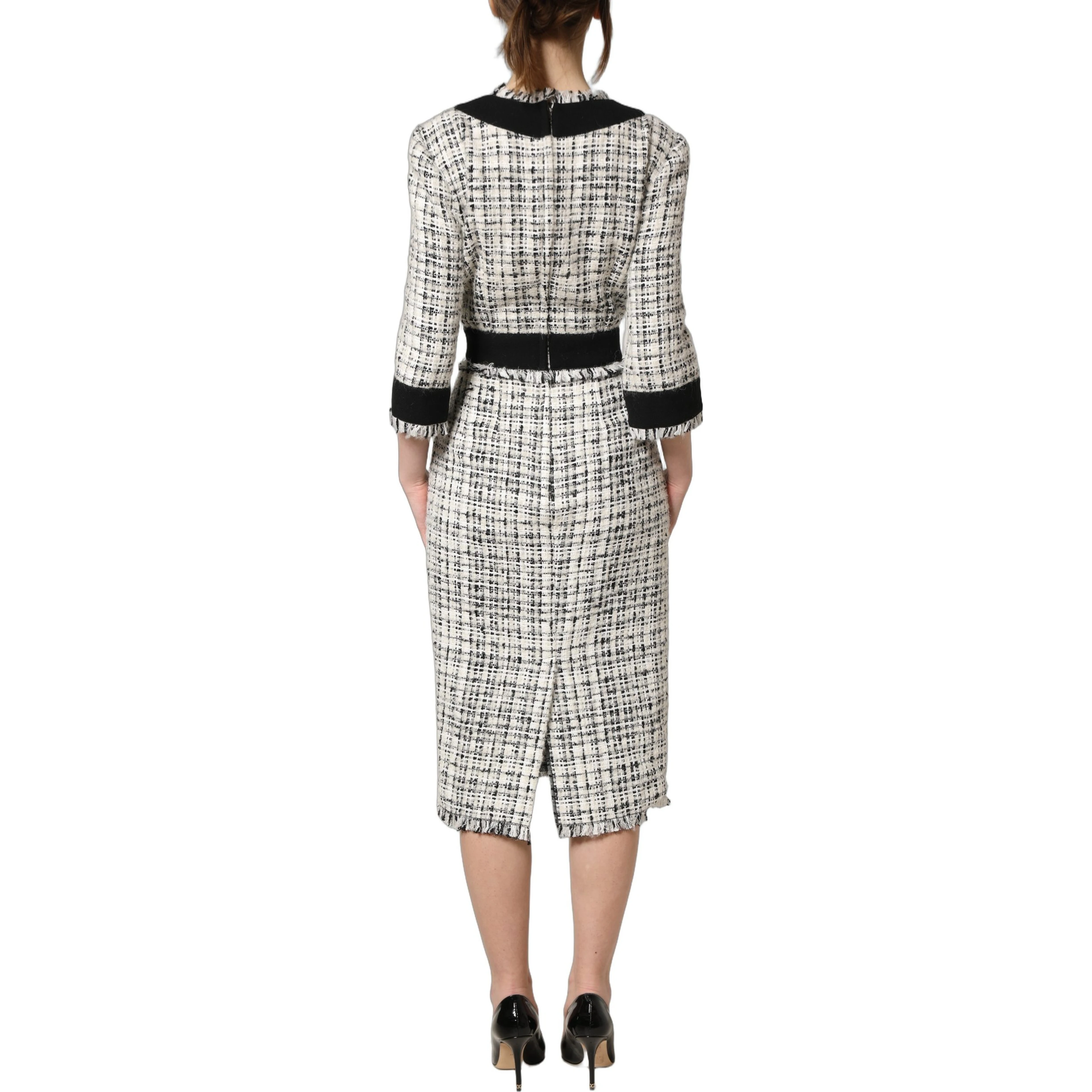 Black White Tweed Sheath A-line Midi Dress