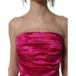 Hot Pink Ruched Satin Strapless Gown Dress