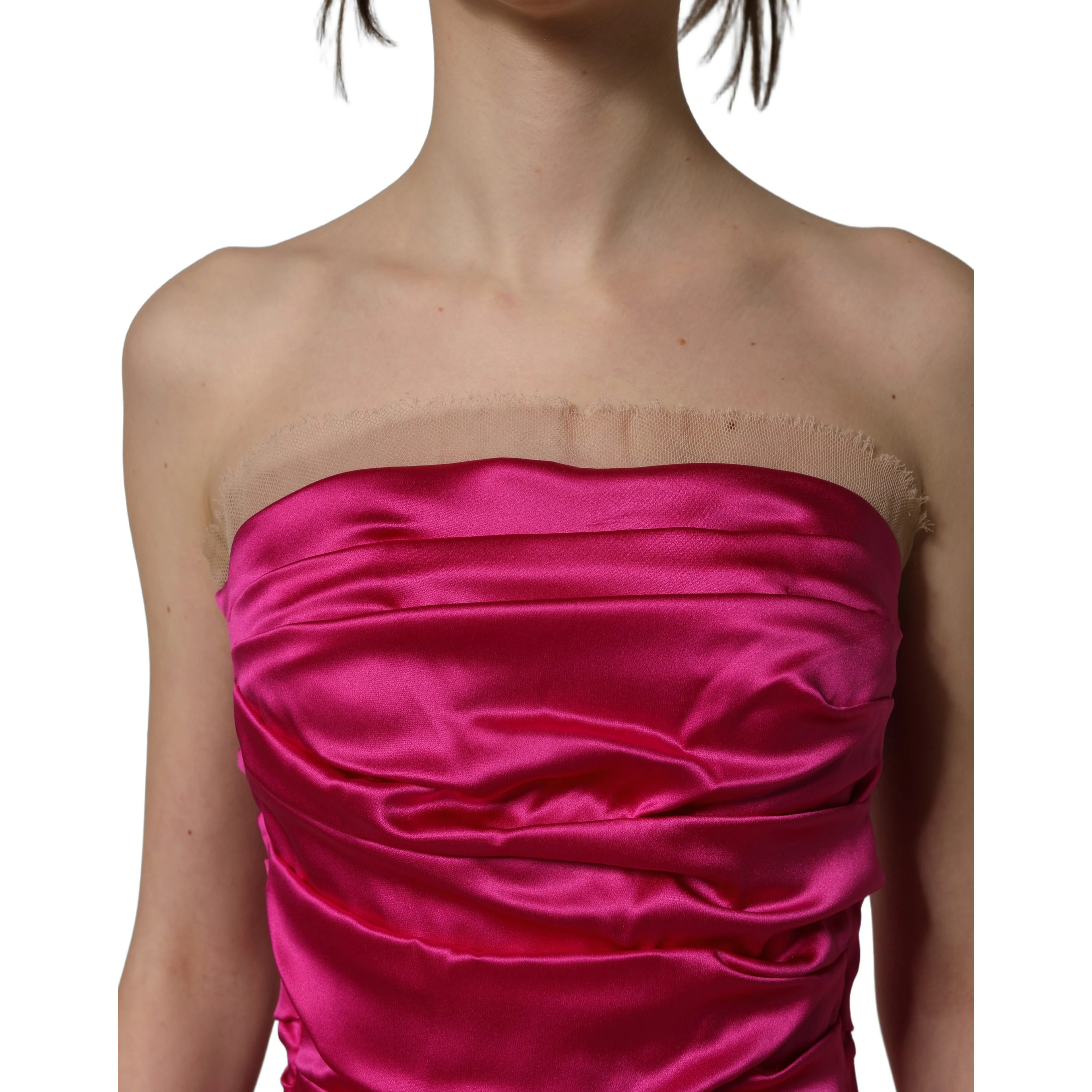 Hot Pink Ruched Satin Strapless Gown Dress
