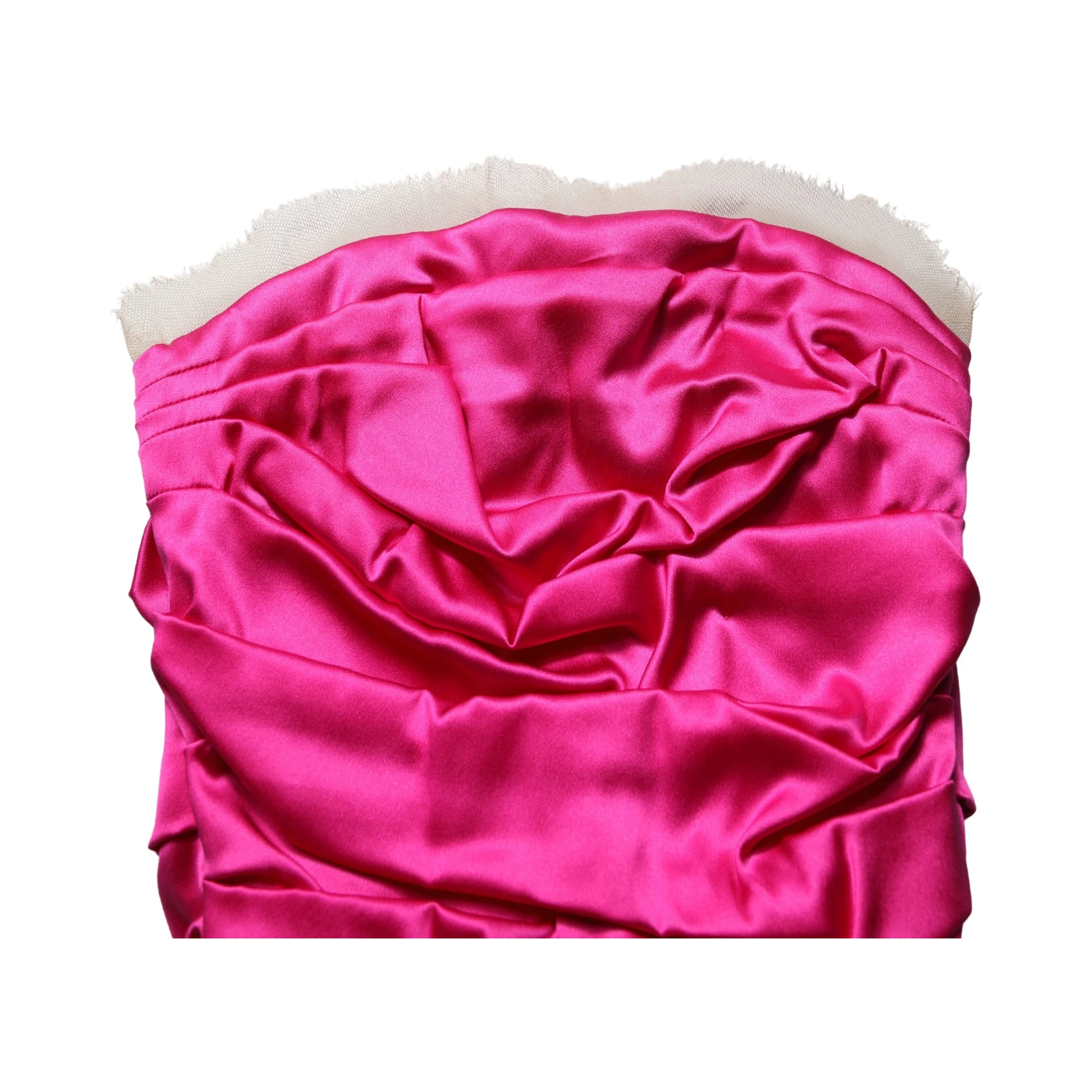 Hot Pink Ruched Satin Strapless Gown Dress