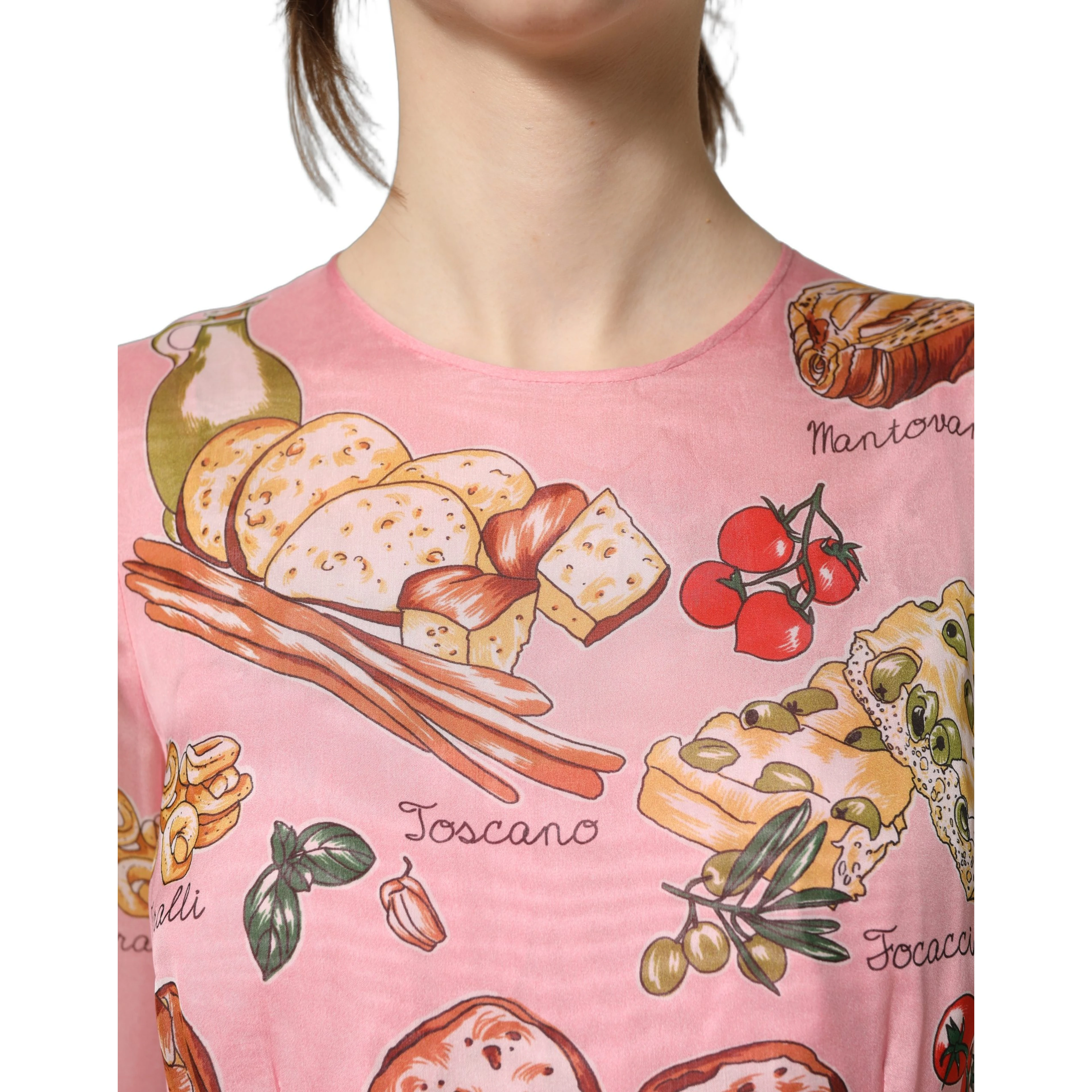 Light Pink Bread Print Pleated Maxi Dress