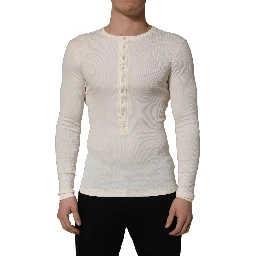 White Long Sleeves Henley Pullover Sweater