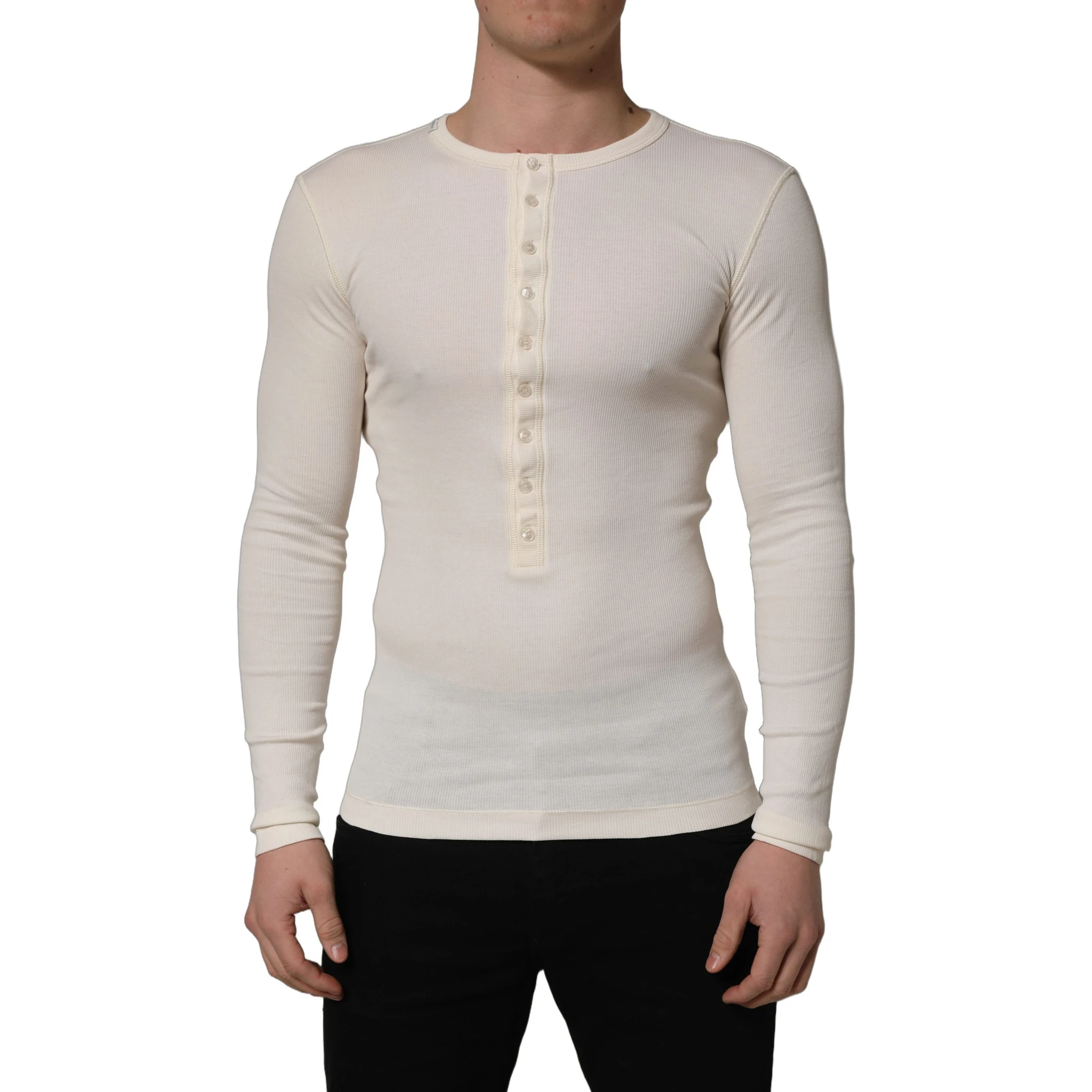 White Long Sleeves Henley Pullover Sweater