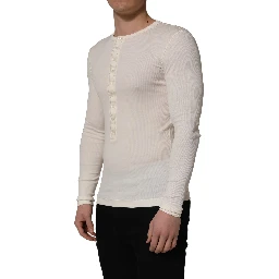 White Long Sleeves Henley Pullover Sweater