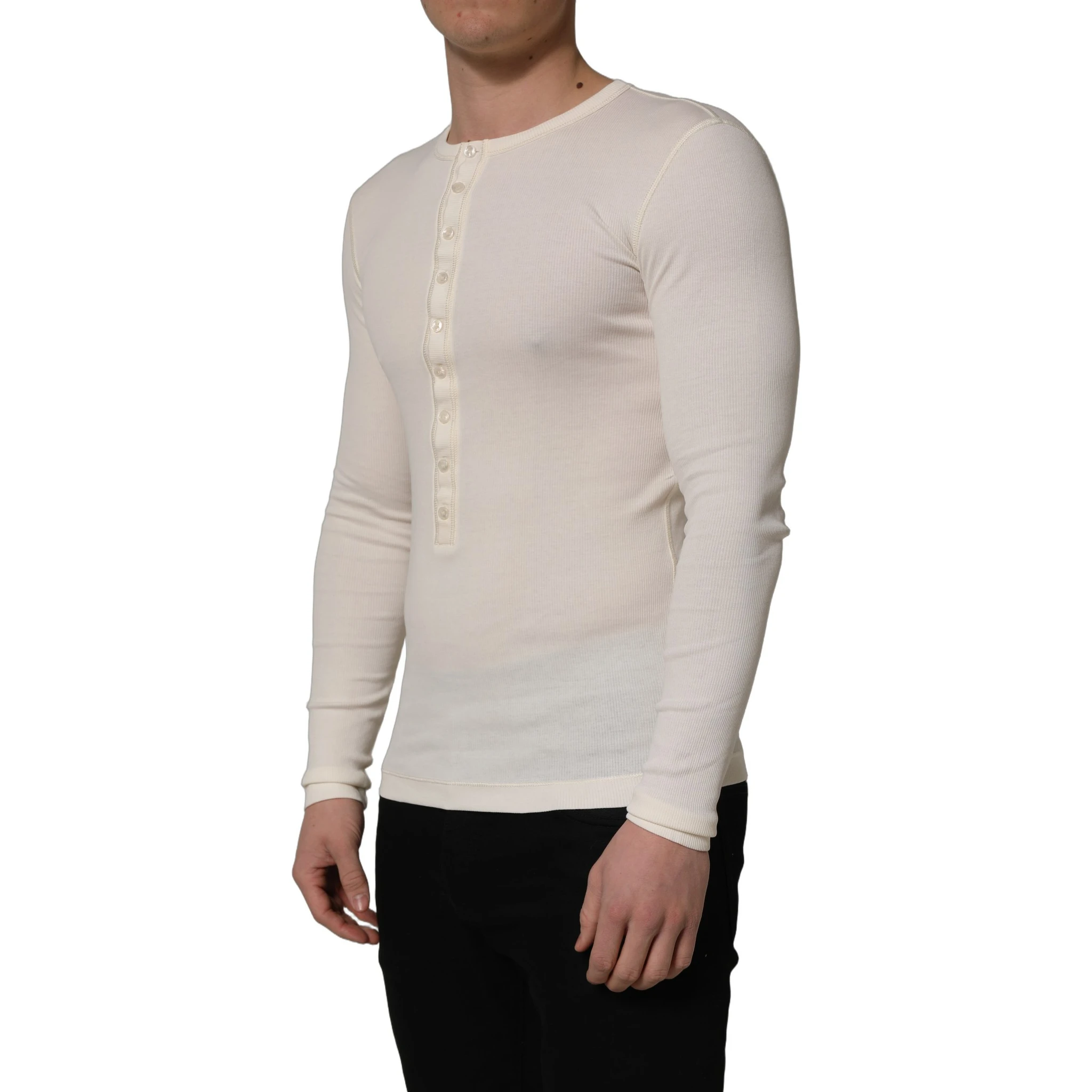 White Long Sleeves Henley Pullover Sweater