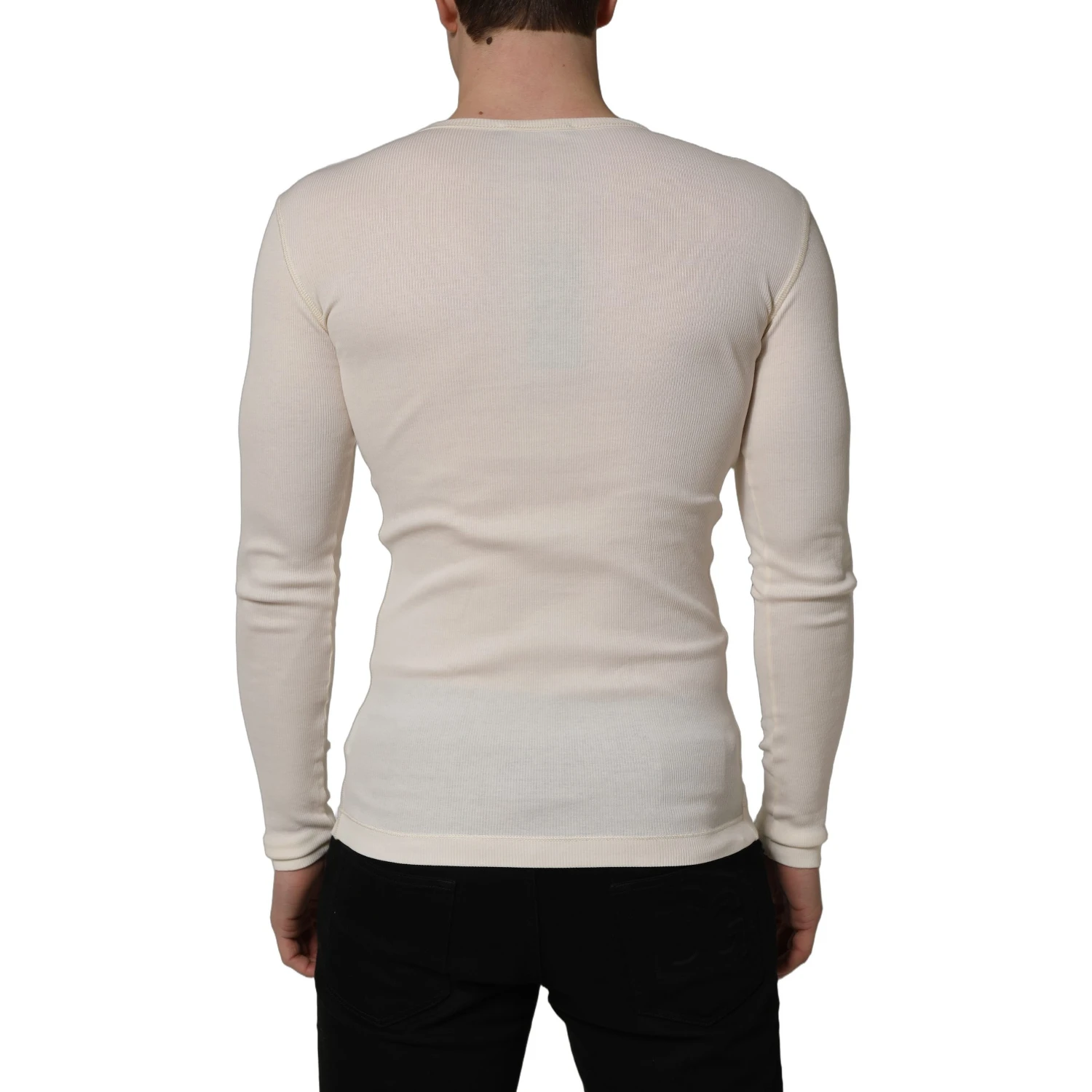 White Long Sleeves Henley Pullover Sweater