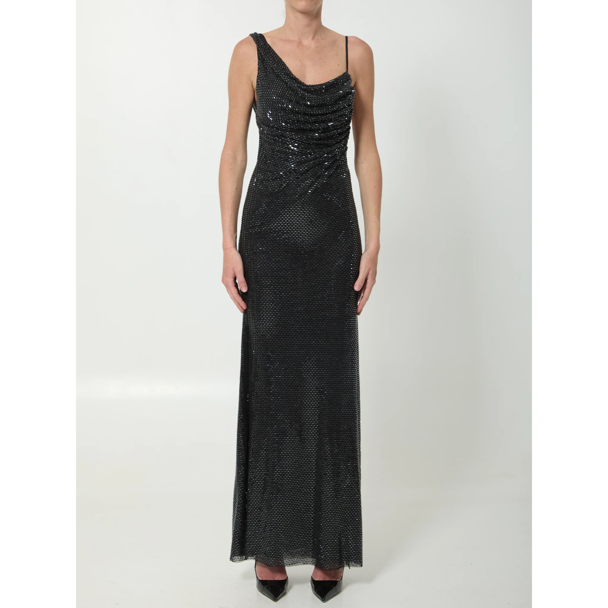 Black rhinestones draped maxi dress