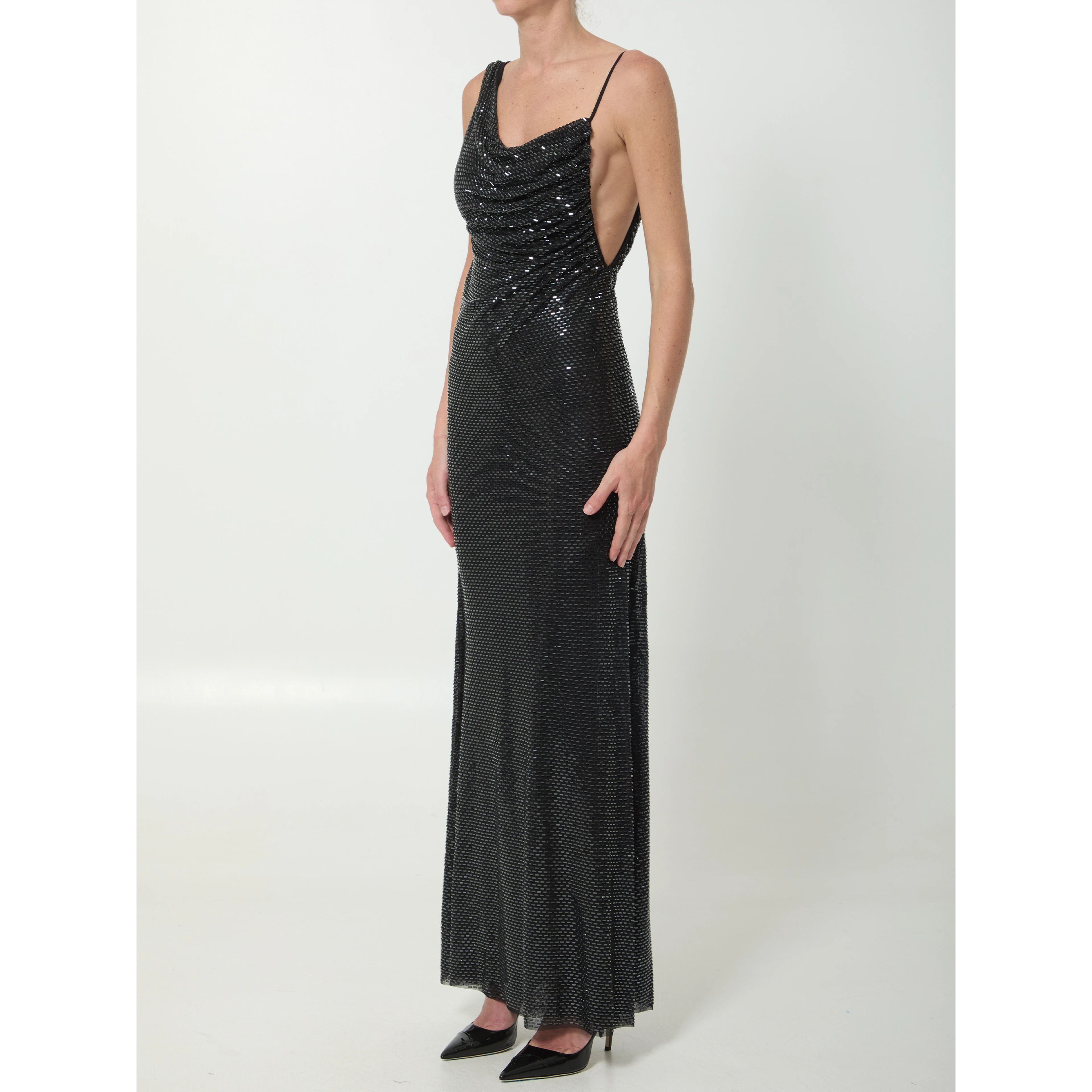 Black rhinestones draped maxi dress