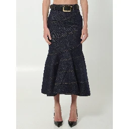 Indigo denim belted midi skirt