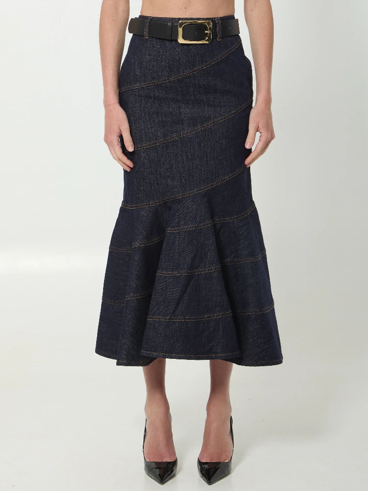 Indigo denim belted midi skirt