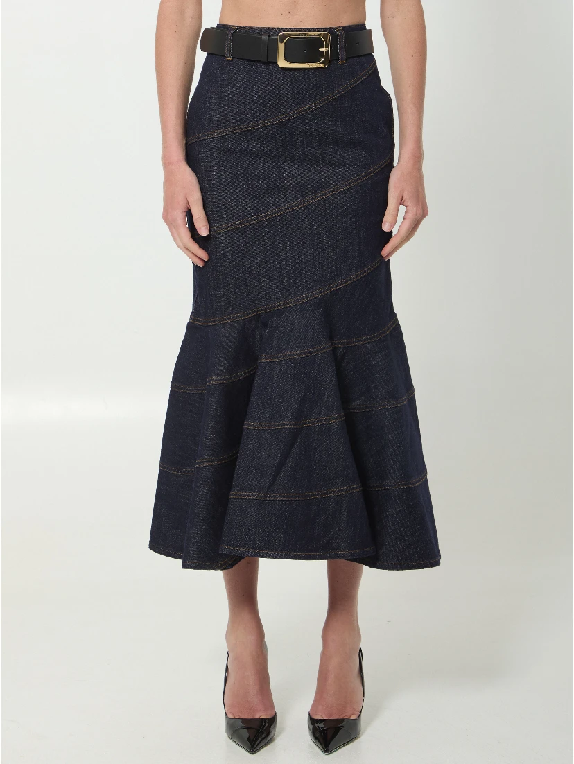 Indigo denim belted midi skirt