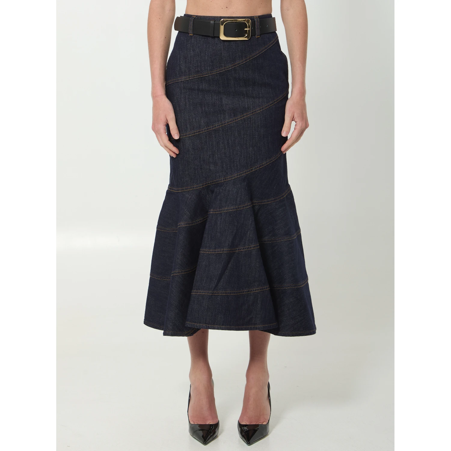Indigo denim belted midi skirt