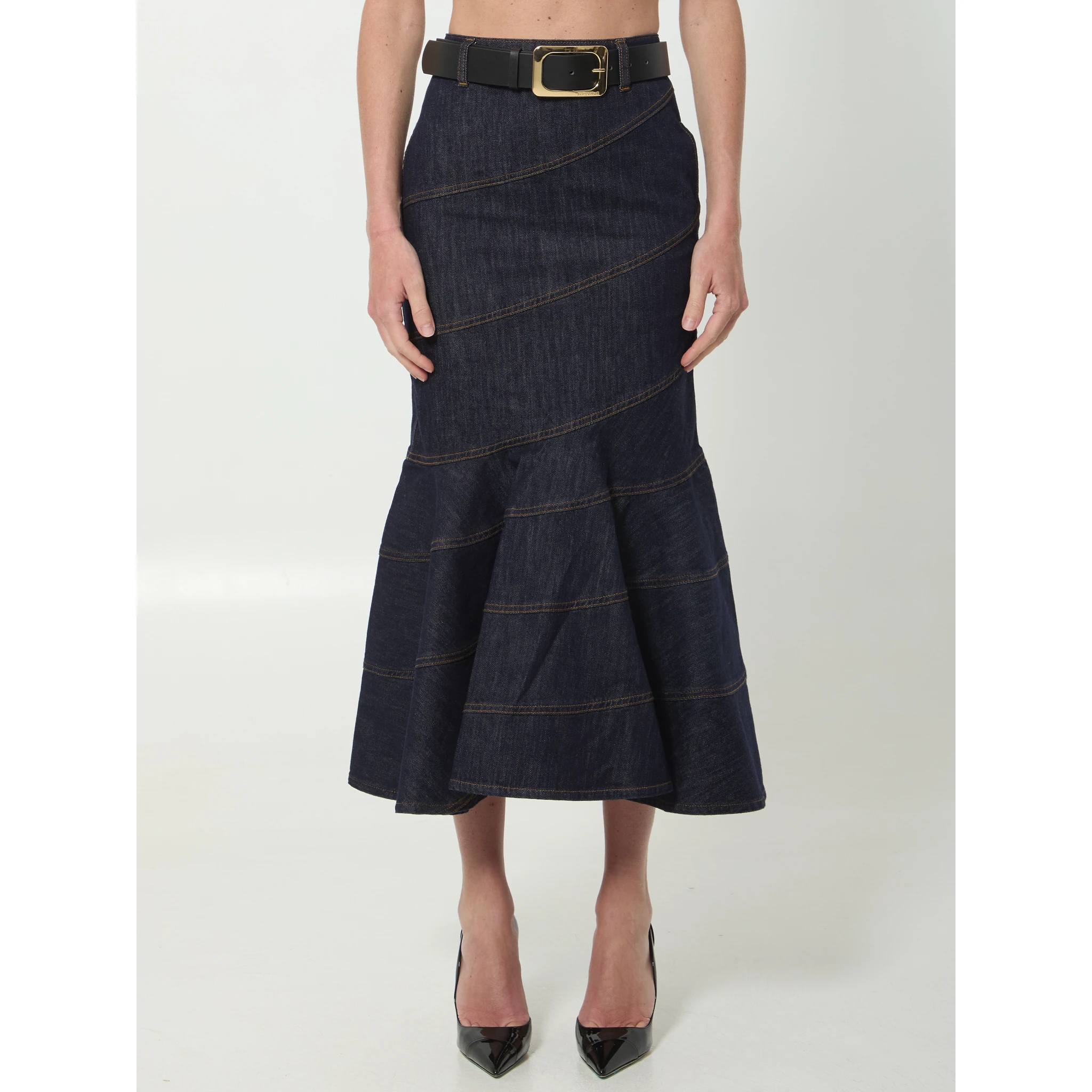 Indigo denim belted midi skirt