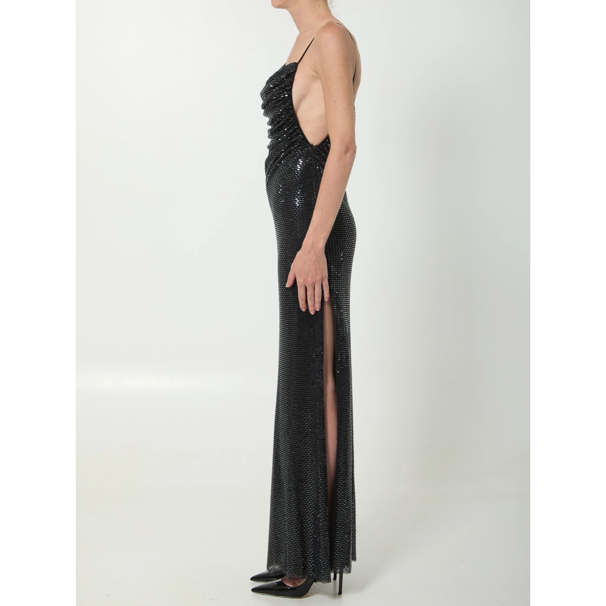 Black rhinestones draped maxi dress