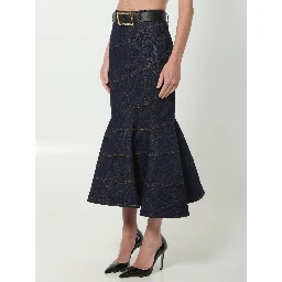 Indigo denim belted midi skirt