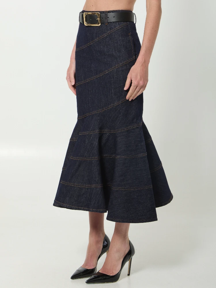 Indigo denim belted midi skirt alternative