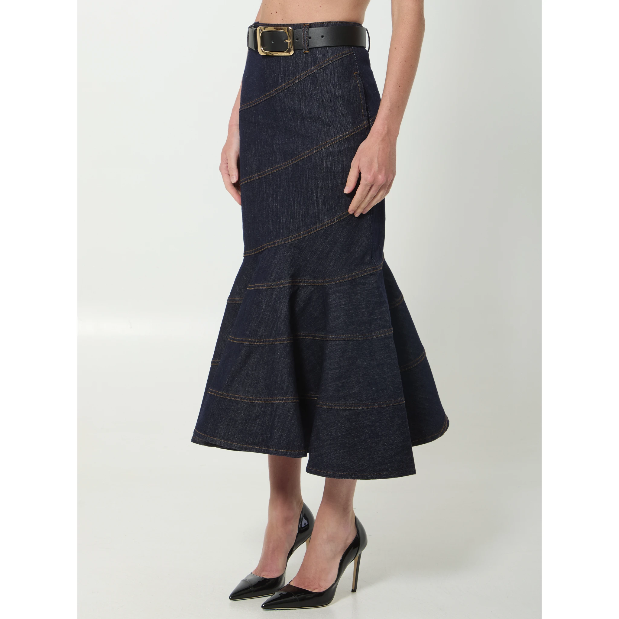 Indigo denim belted midi skirt