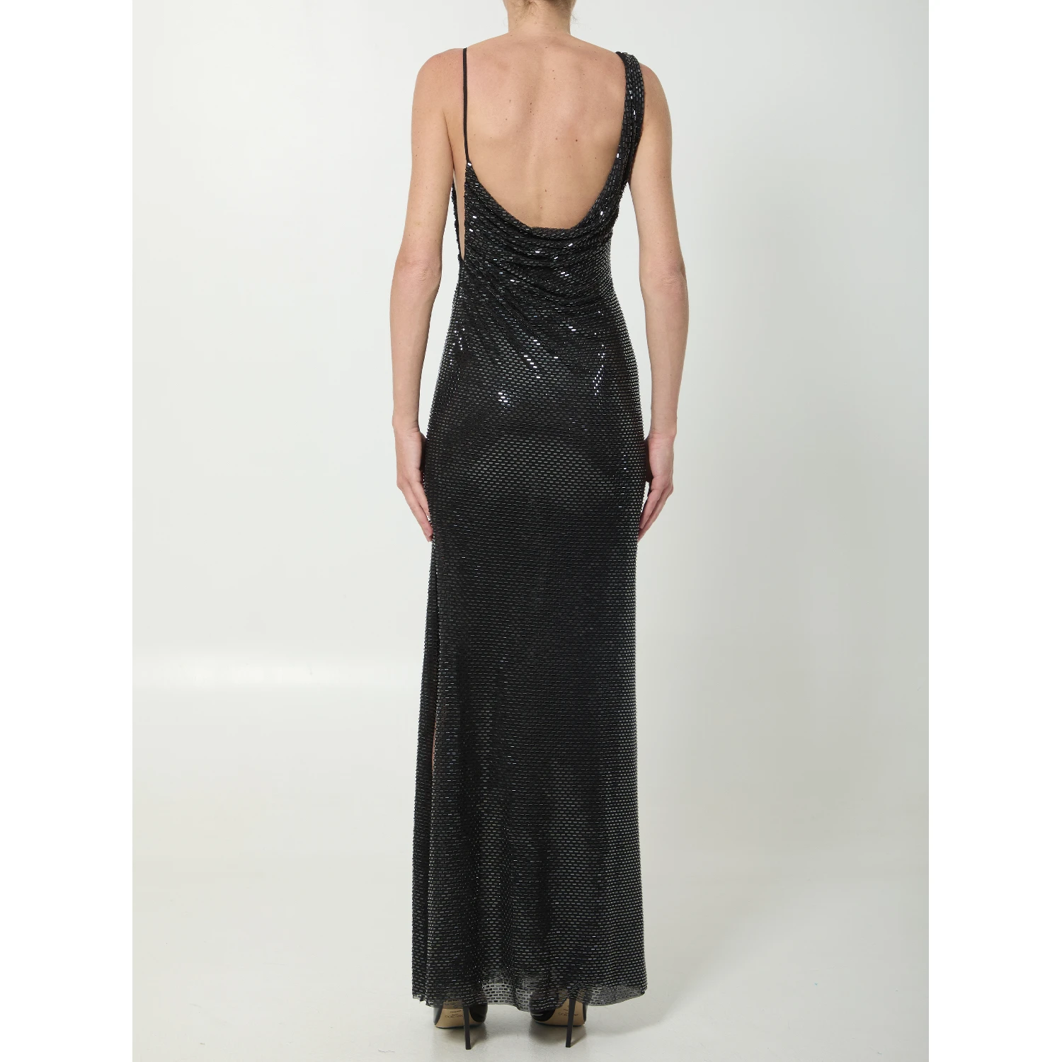 Black rhinestones draped maxi dress