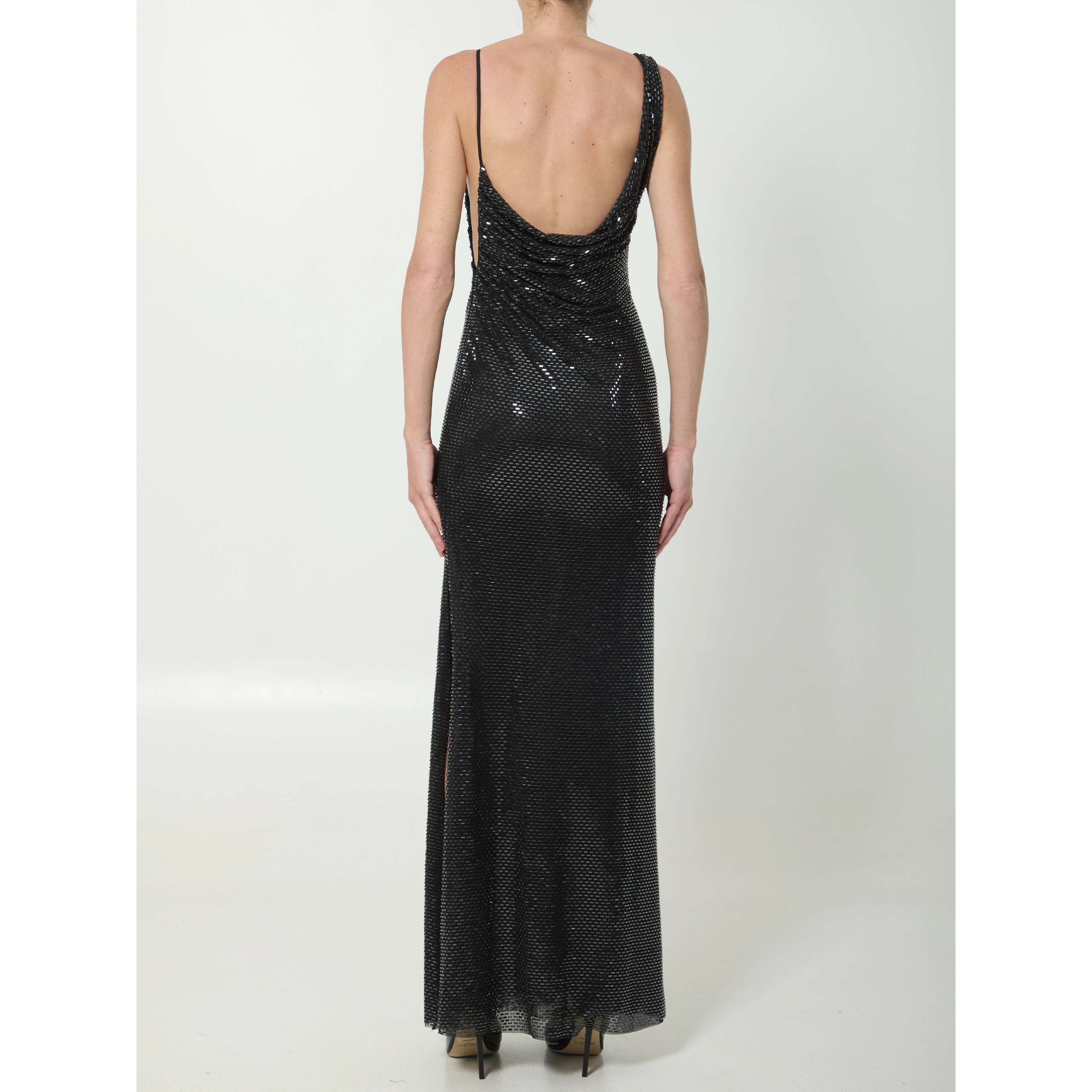 Black rhinestones draped maxi dress