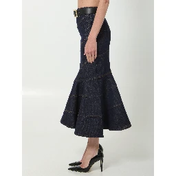 Indigo denim belted midi skirt