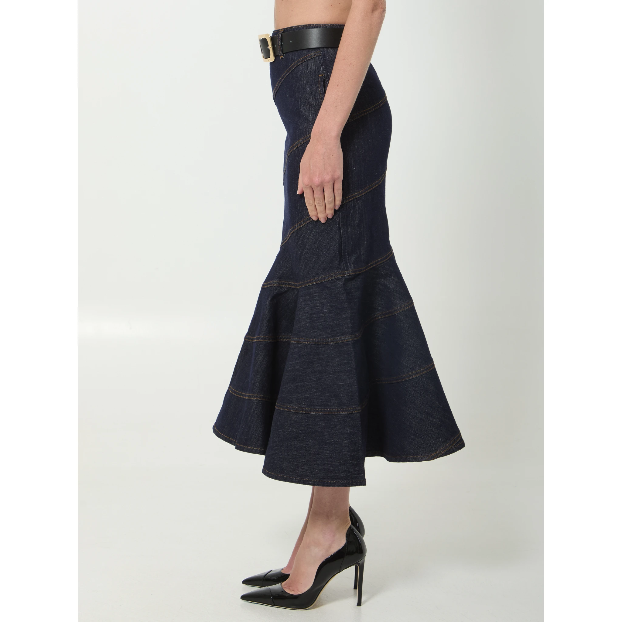 Indigo denim belted midi skirt