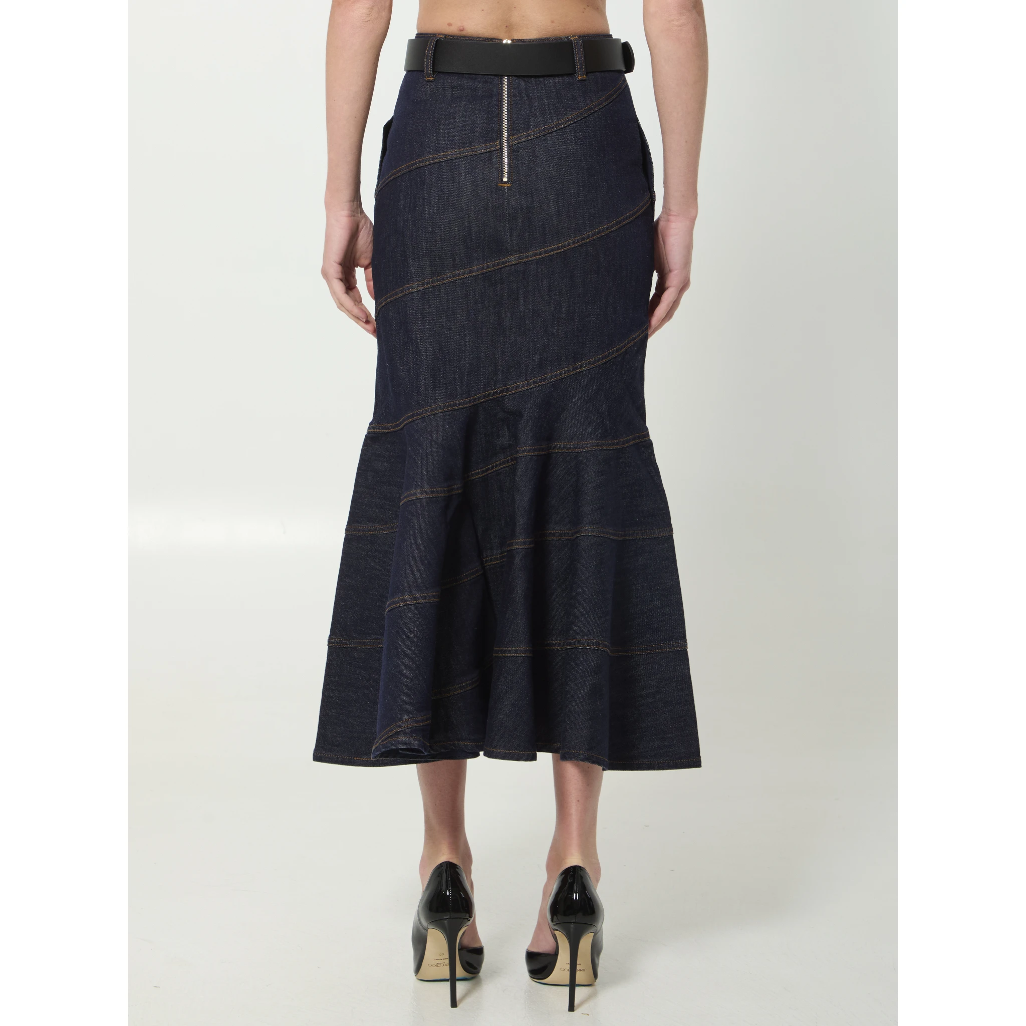Indigo denim belted midi skirt