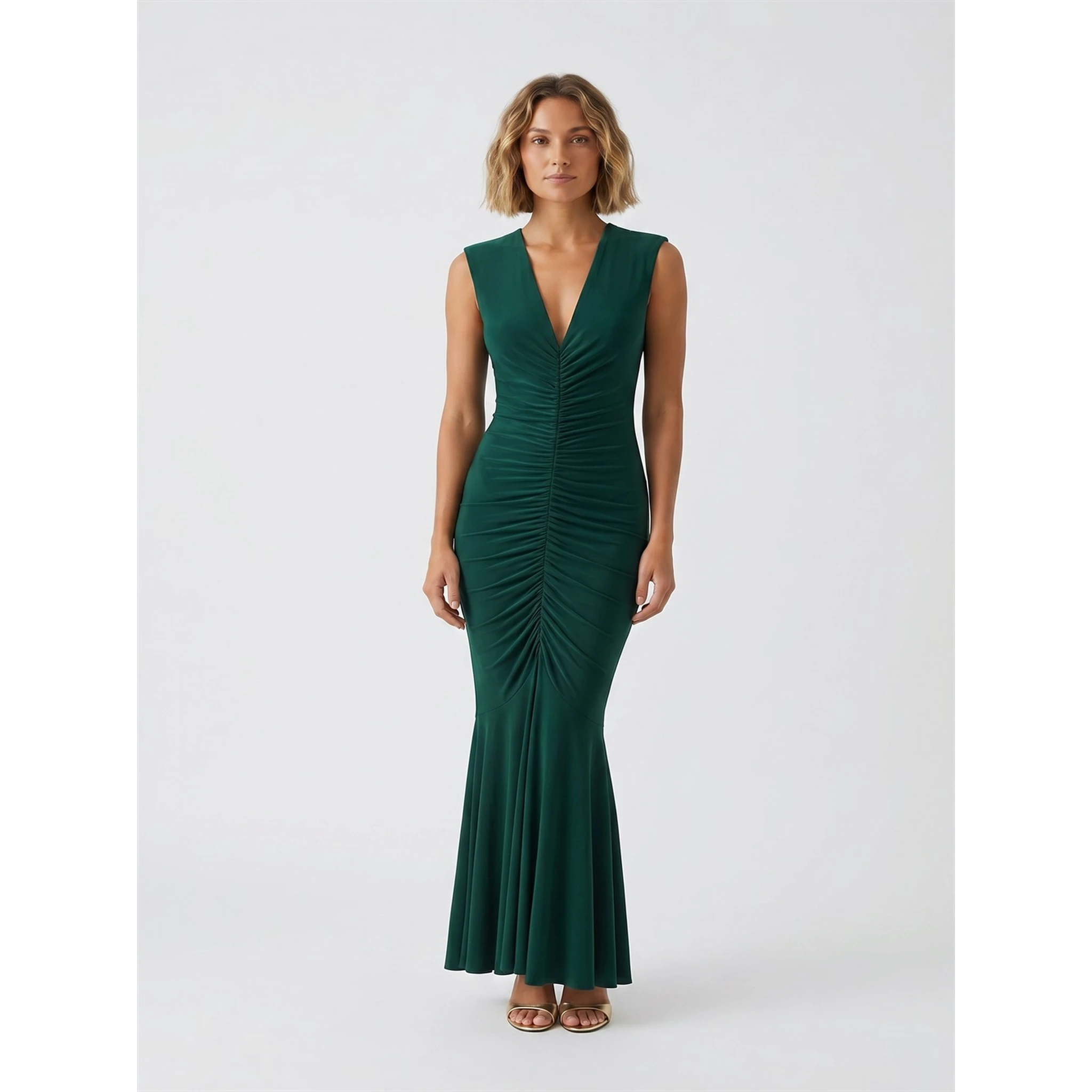 SLEEVELESS DEEP V NECK SHIRRED FRONT FISHATIL GOWN