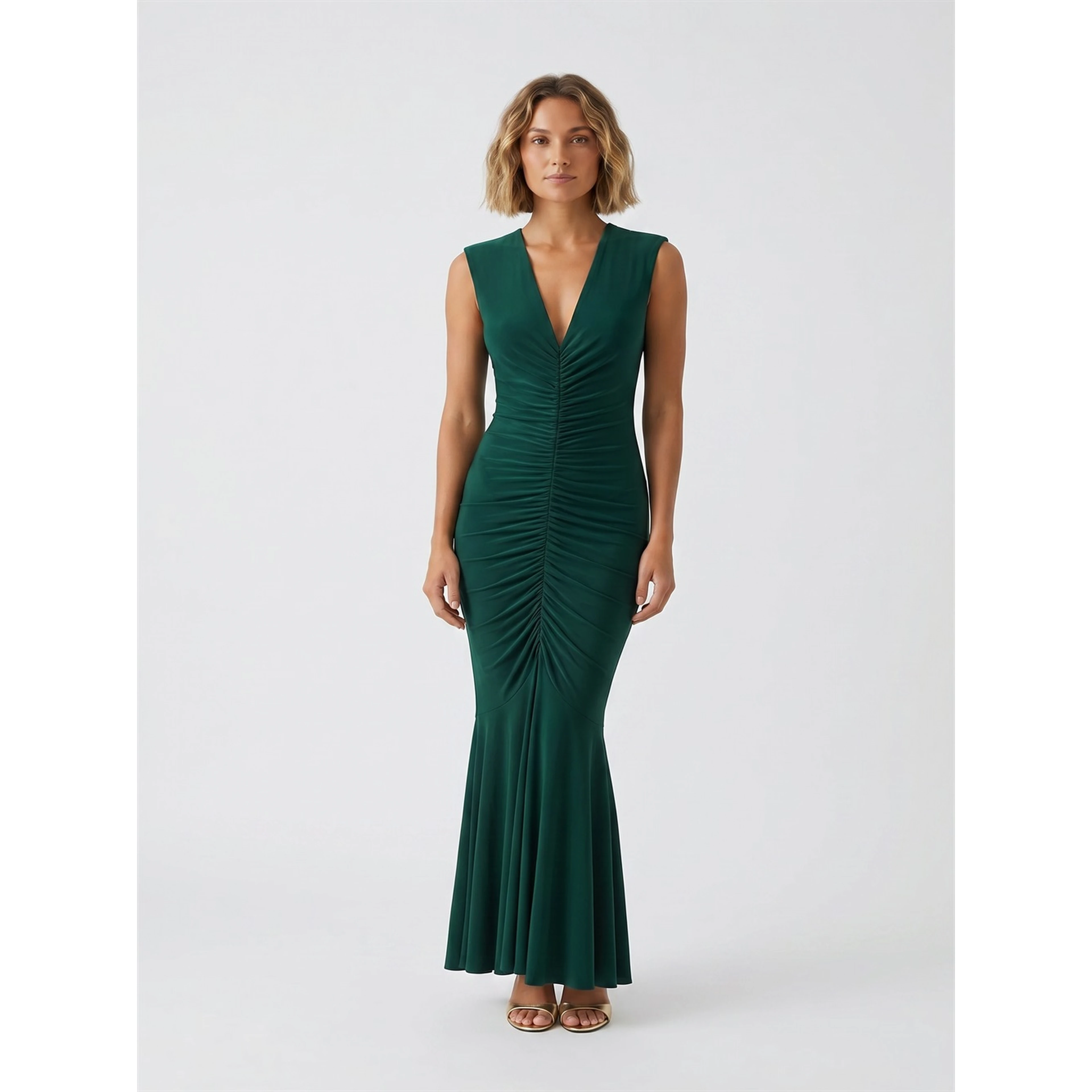 SLEEVELESS DEEP V NECK SHIRRED FRONT FISHATIL GOWN