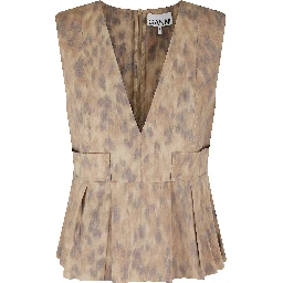 PRINTED STRETCH COTTON V NECK POCKET BLOUSE