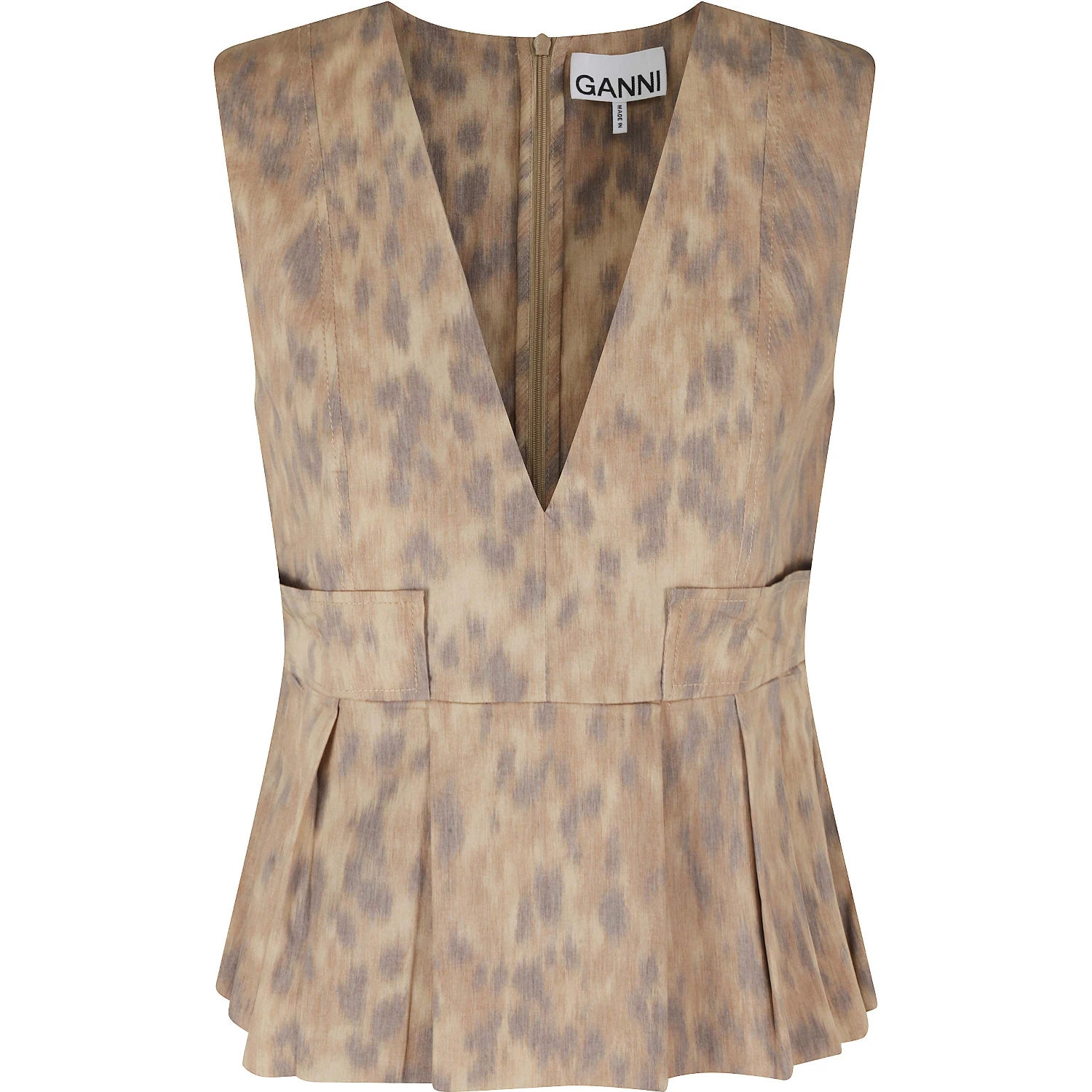PRINTED STRETCH COTTON V NECK POCKET BLOUSE