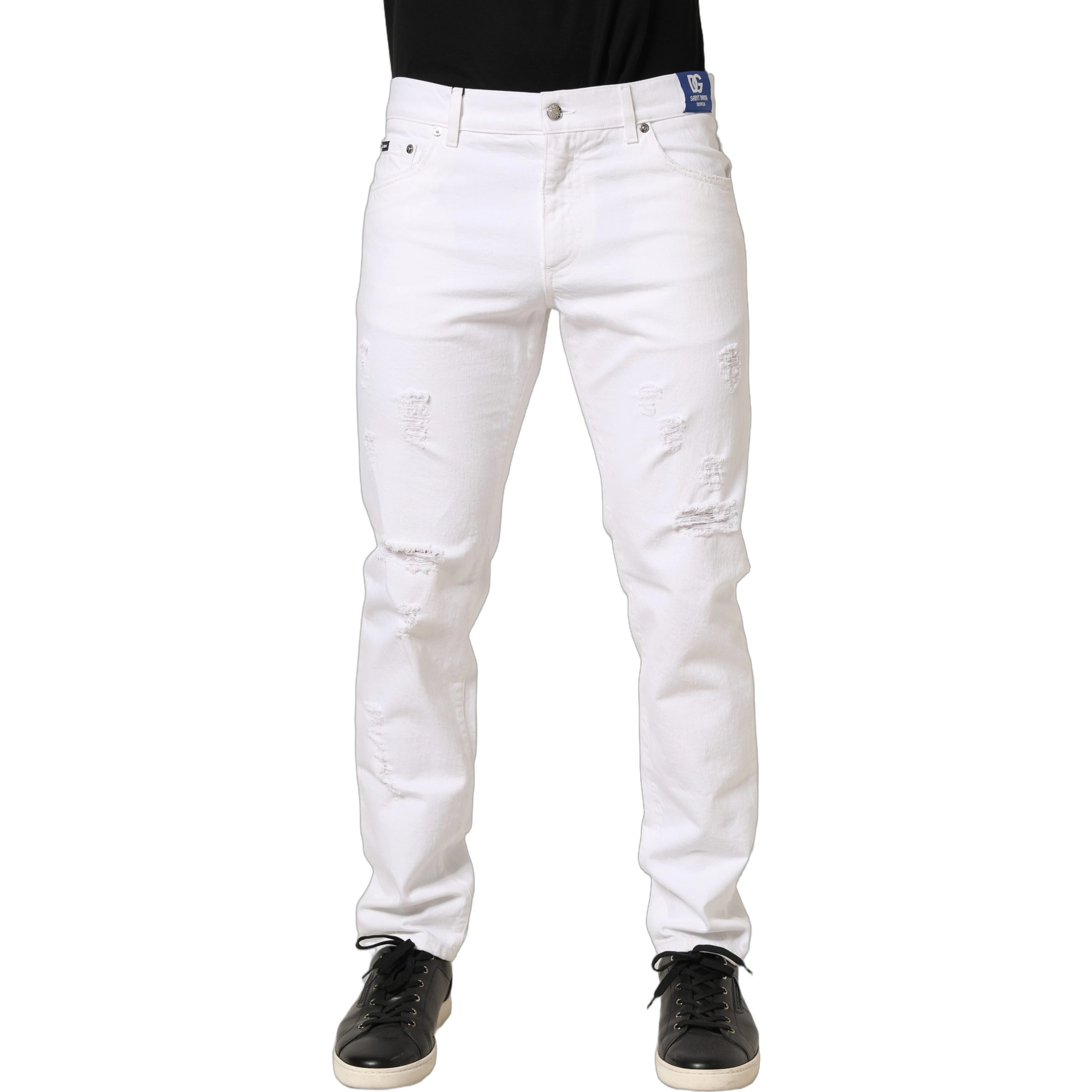 White Cotton Ripped Slim Fit Men Denim Jeans