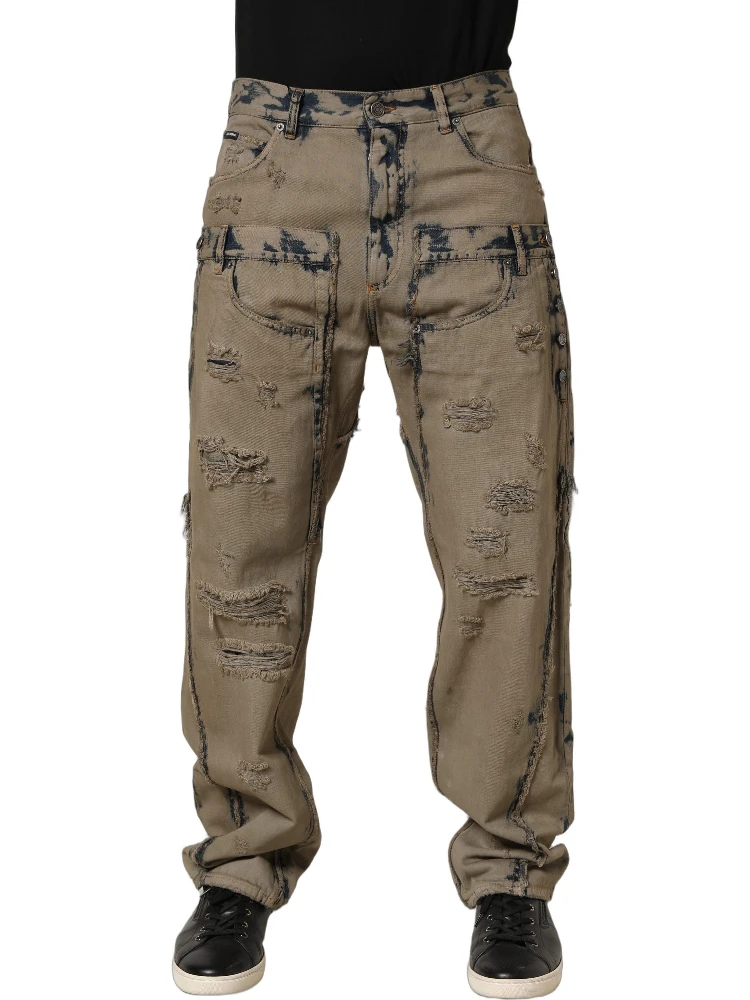 Beige Bleached Deconstructed Men Denim Jeans