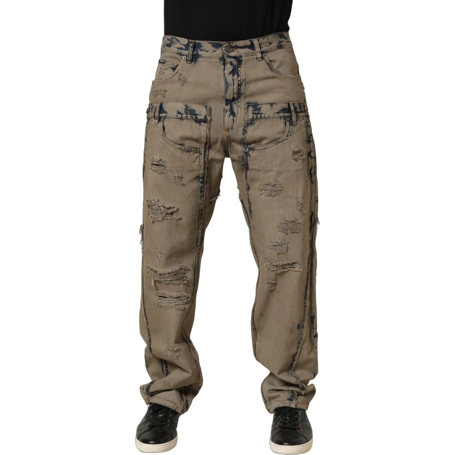 Beige Bleached Deconstructed Men Denim Jeans