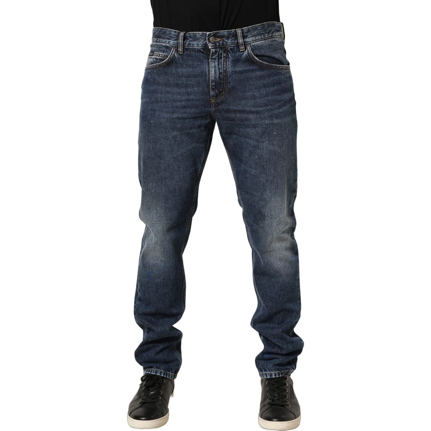 Dark Blue Washed Mid Waist Straight Men Denim Jeans
