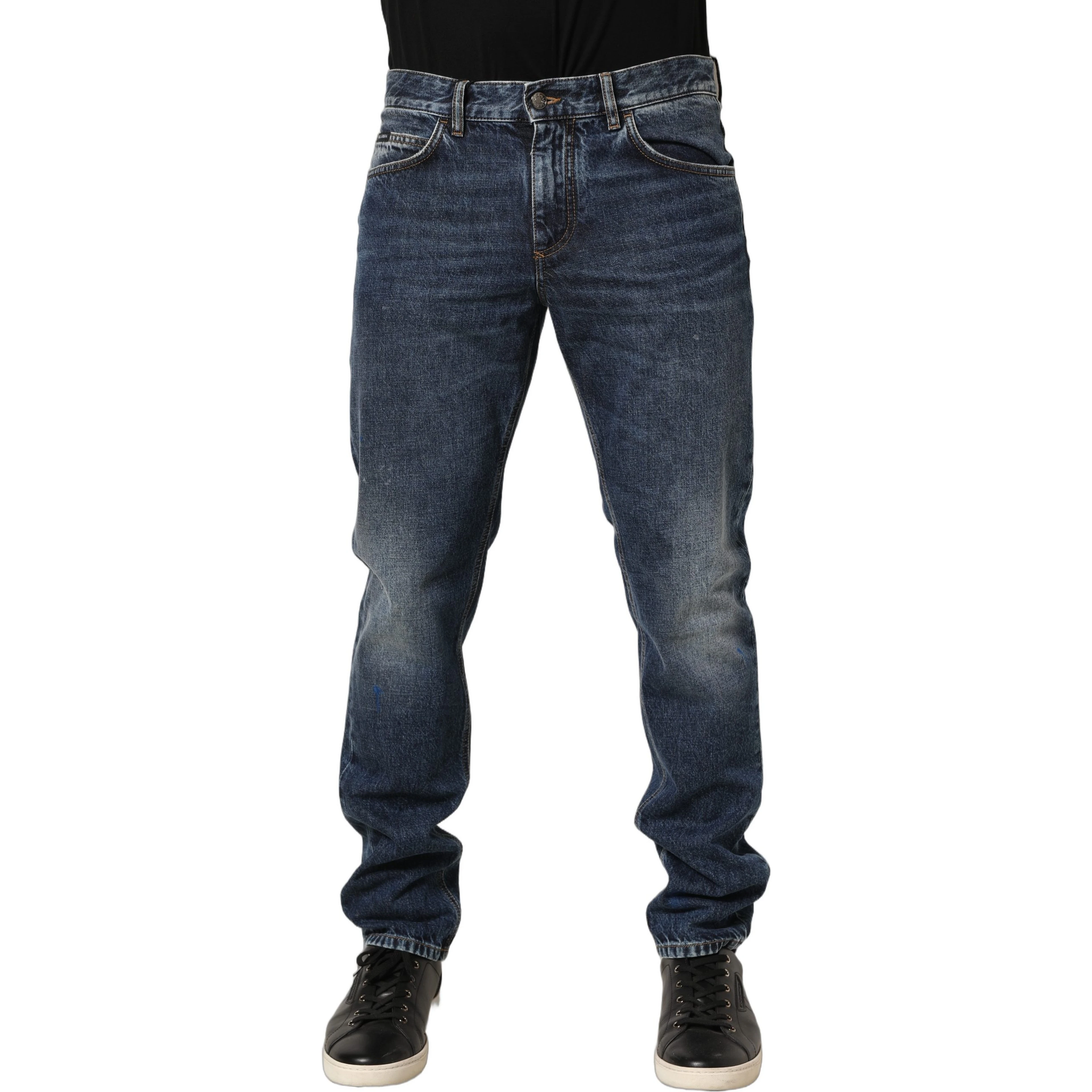 Dark Blue Washed Mid Waist Straight Men Denim Jeans