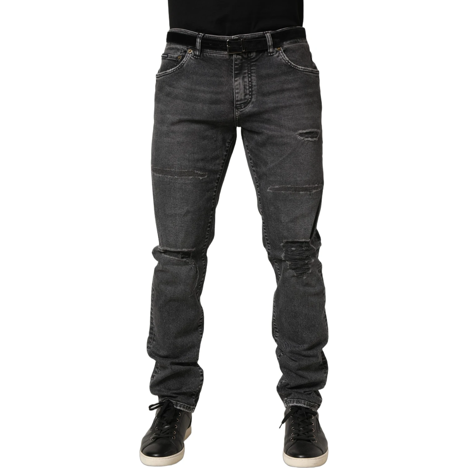 Dark Grey Distressed Mid Waist Denim Jeans