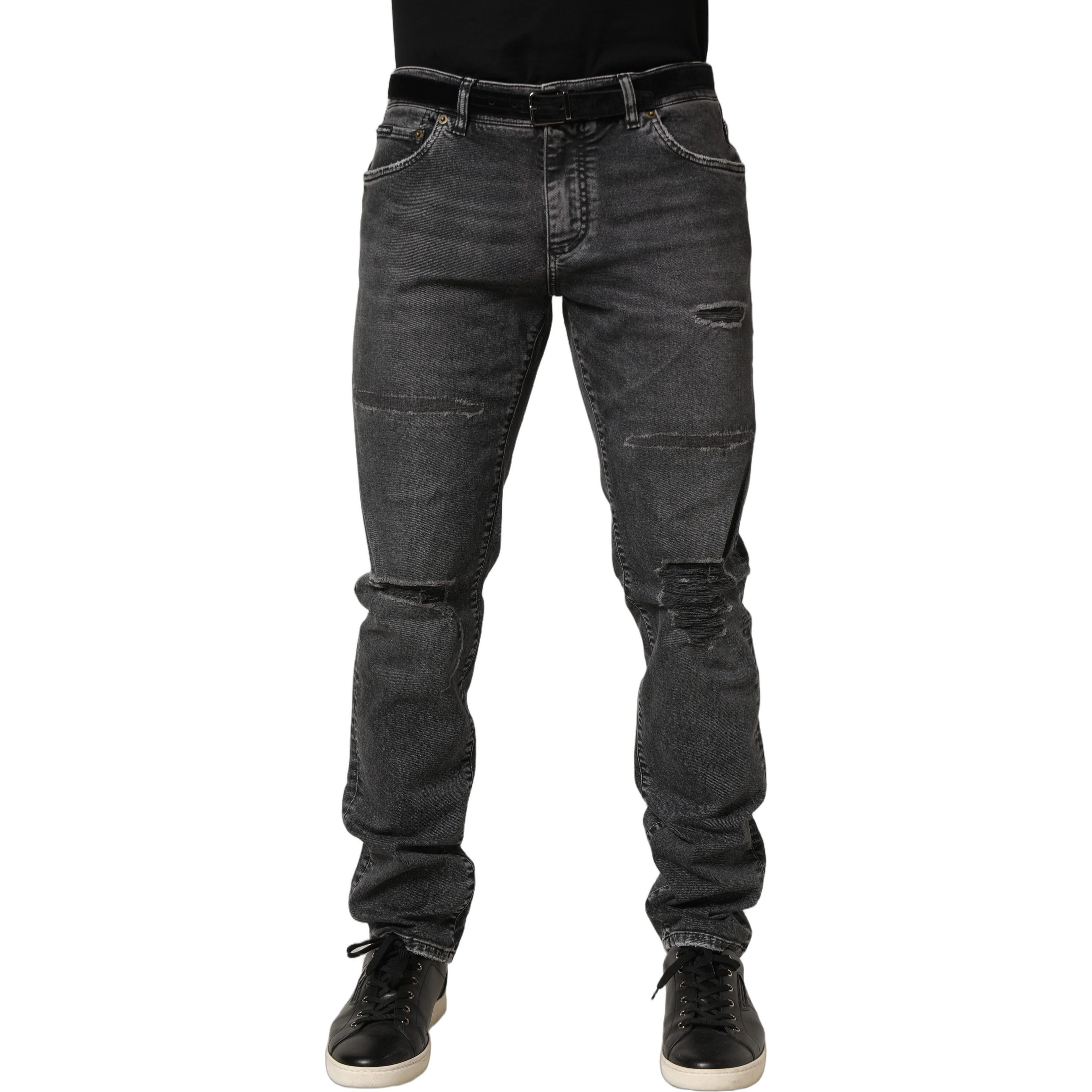 Dark Grey Distressed Mid Waist Denim Jeans