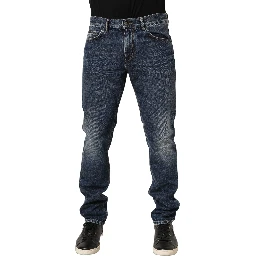 Dark Blue Washed Mid Waist Straight Men Denim Jeans