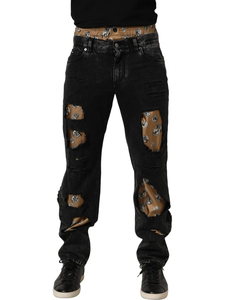 Black Distressed Cotton Straight Denim Jeans