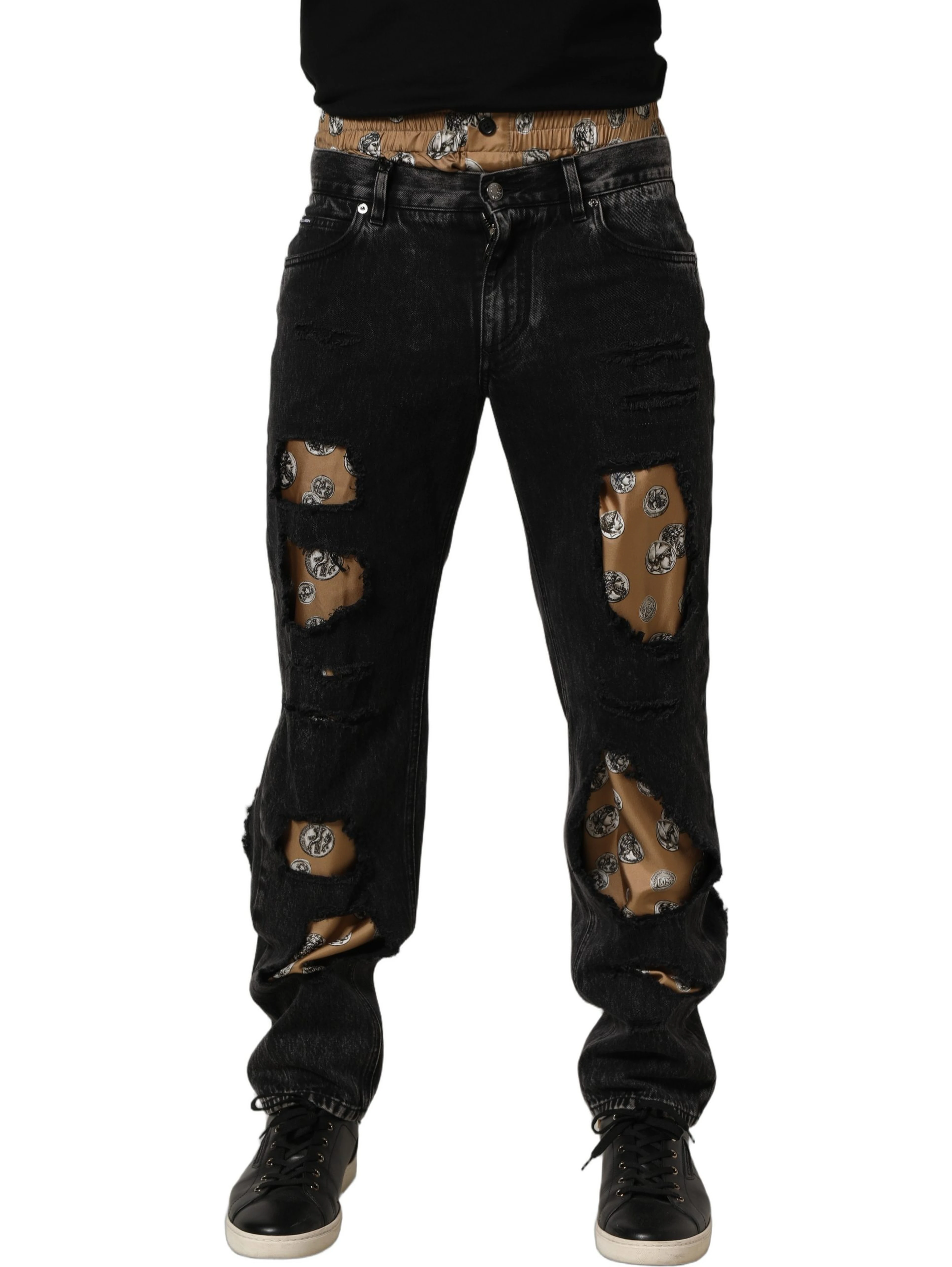 Black Distressed Cotton Straight Denim Jeans