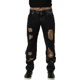 Black Distressed Cotton Straight Denim Jeans