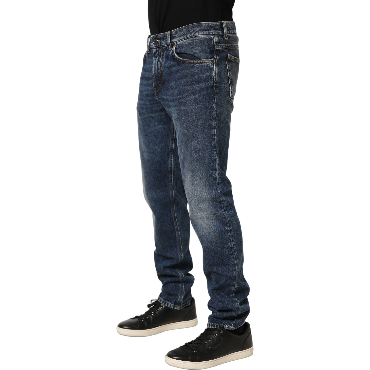 Dark Blue Washed Mid Waist Straight Men Denim Jeans