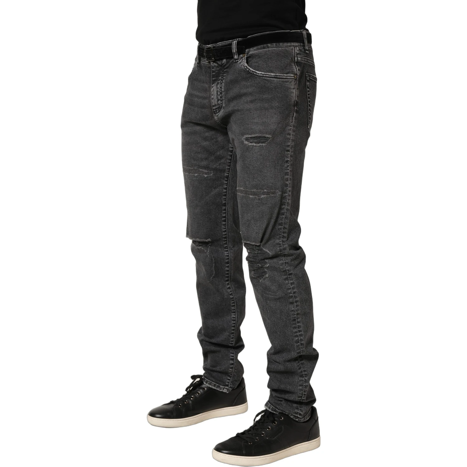 Dark Grey Distressed Mid Waist Denim Jeans