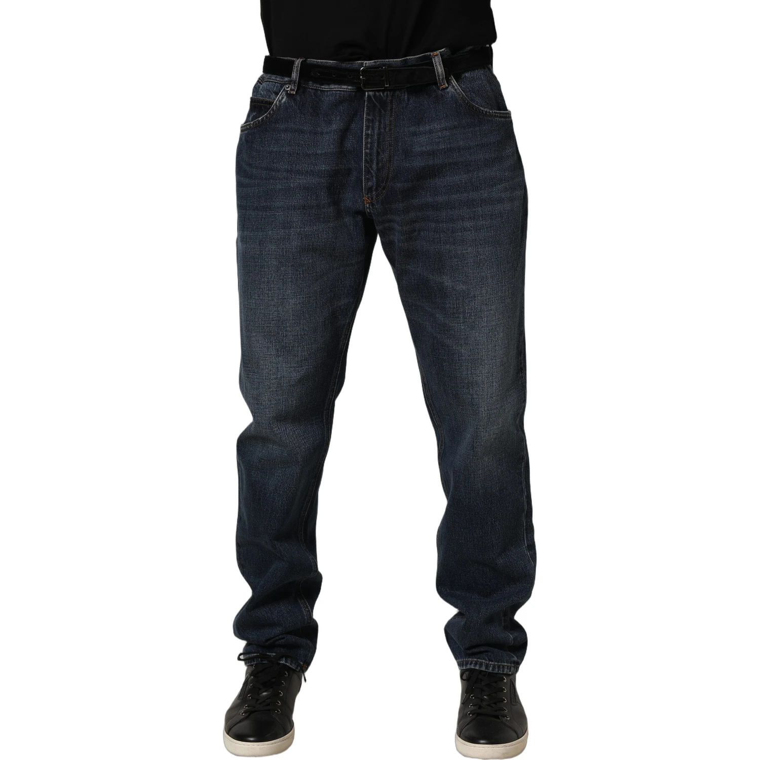 Dark Blue Washed MidWaist Straight Denim Jeans