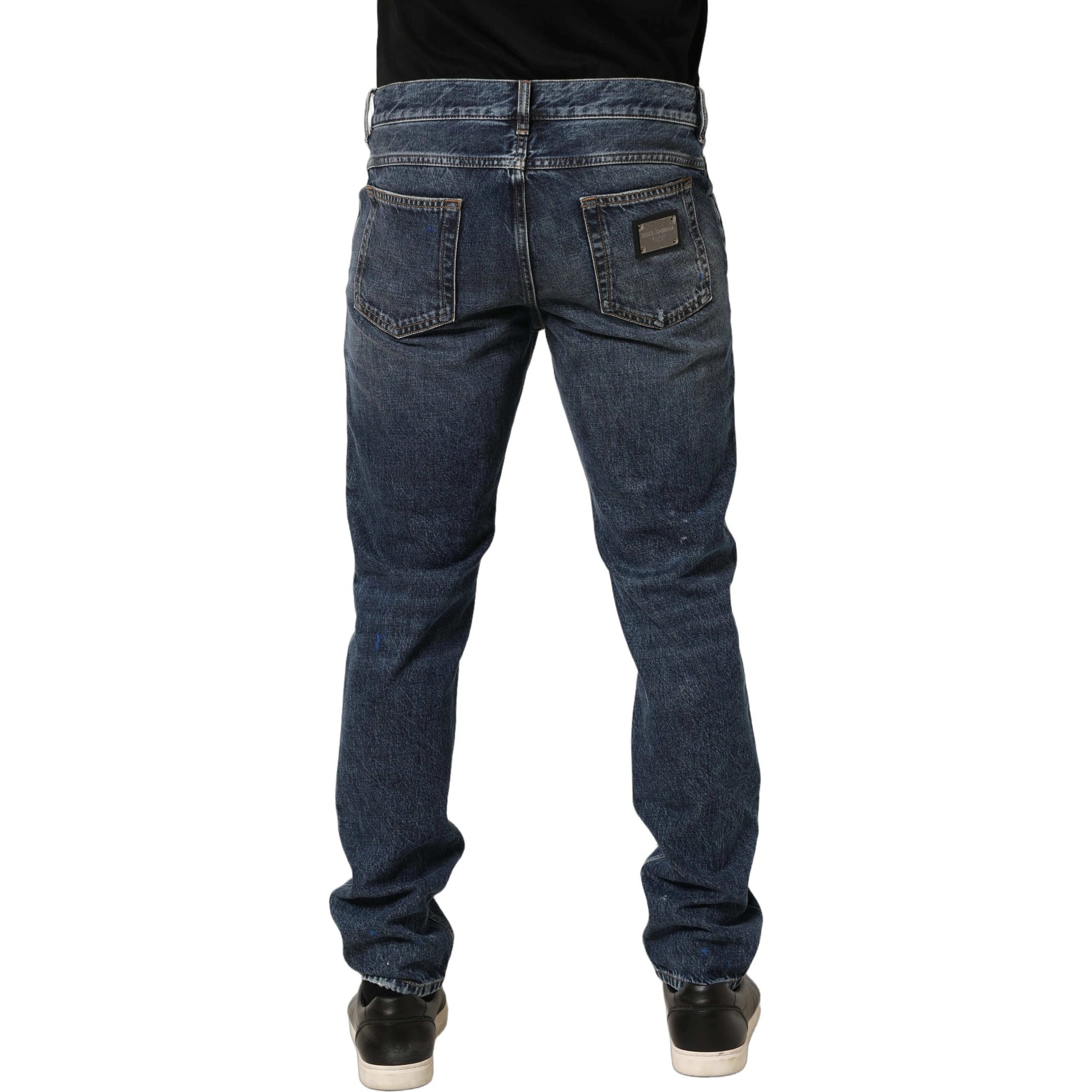 Dark Blue Washed Mid Waist Straight Men Denim Jeans