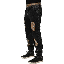 Black Distressed Cotton Straight Denim Jeans