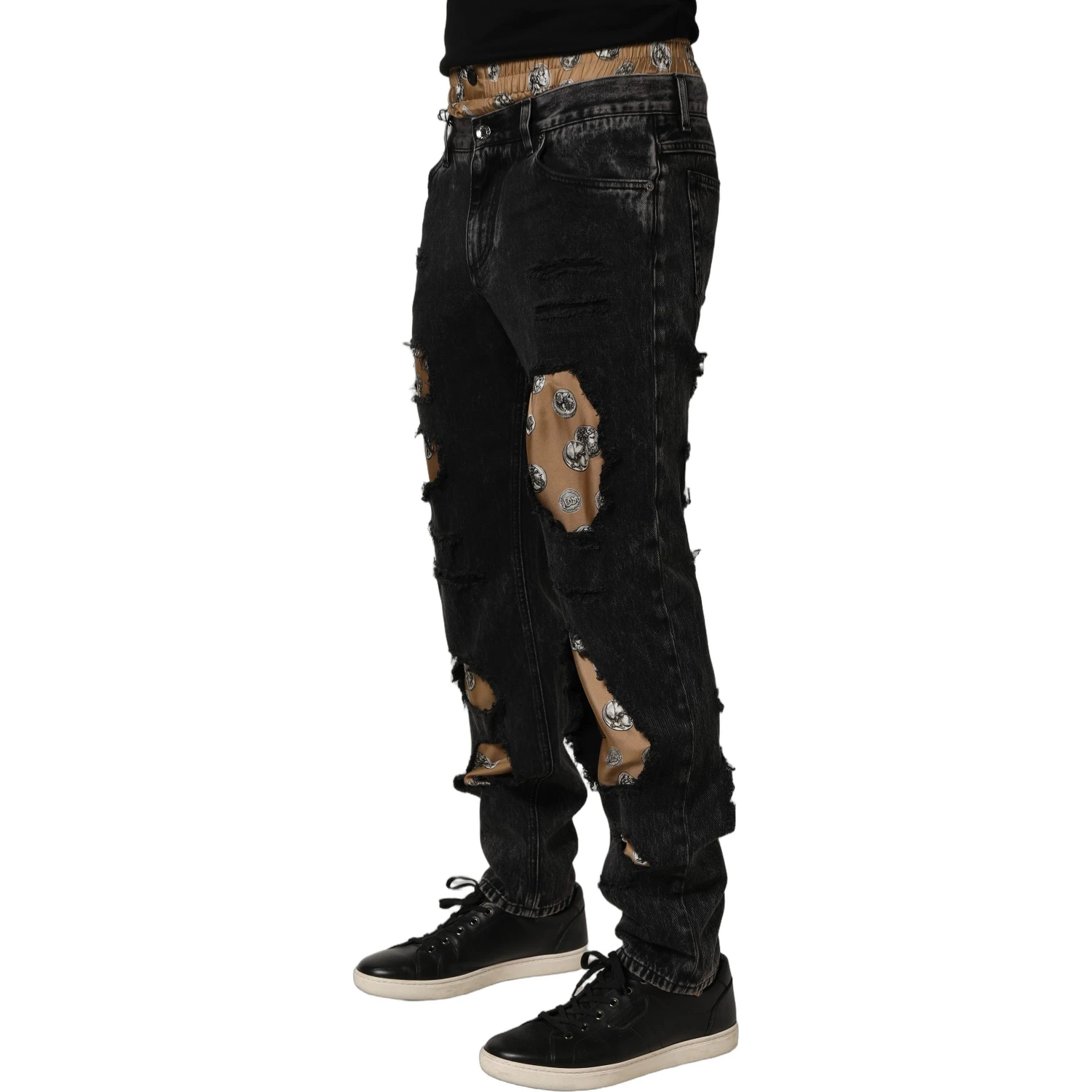 Black Distressed Cotton Straight Denim Jeans