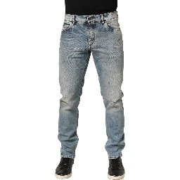 Blue Washed Mid Waist Straight Men Denim Jeans