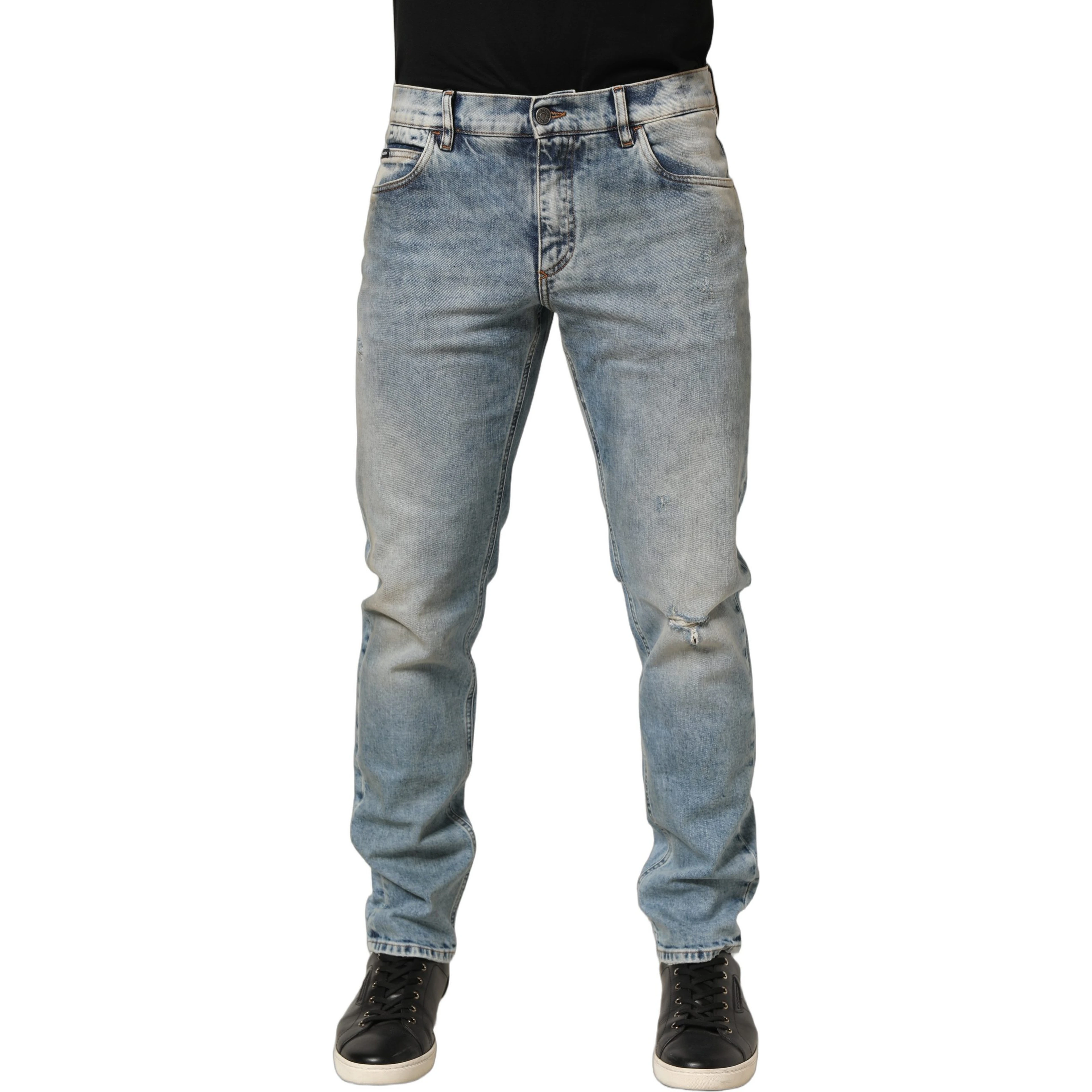 Blue Washed Mid Waist Straight Men Denim Jeans