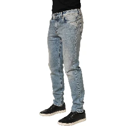Blue Washed Mid Waist Straight Men Denim Jeans